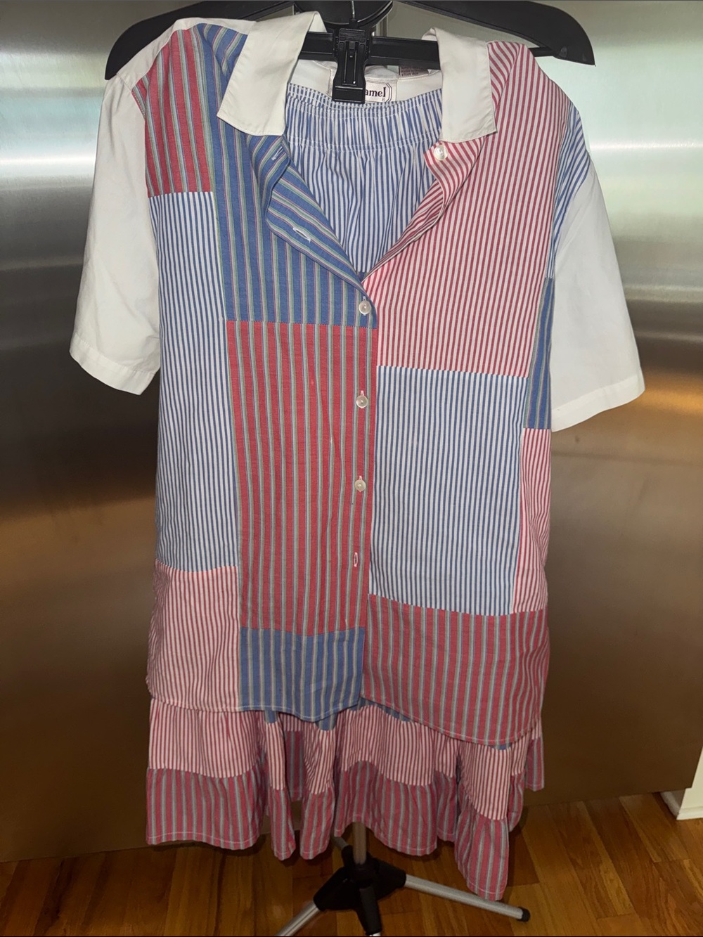 Bechamel Red, Blue and White Striped Patchwork Casual Kids Dress